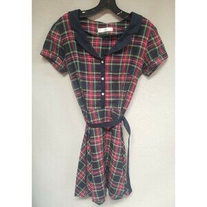 Betina Lou Red Tartan Plaid Flannel Shirt Dress Size Medium Belted Short Sleeve